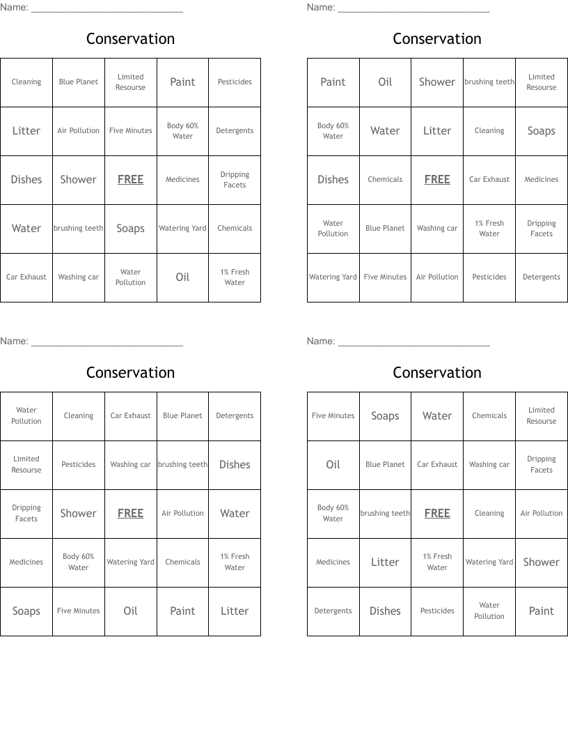 Conservation Bingo Cards