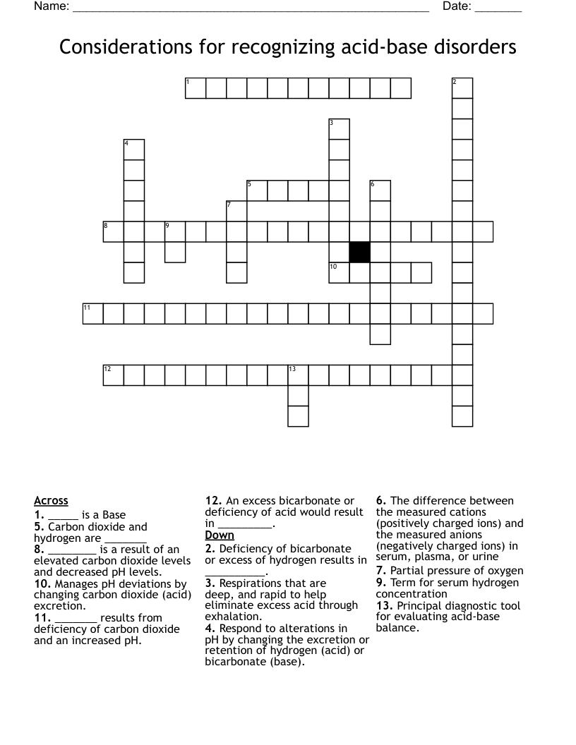 Considerations for recognizing acid-base disorders Crossword