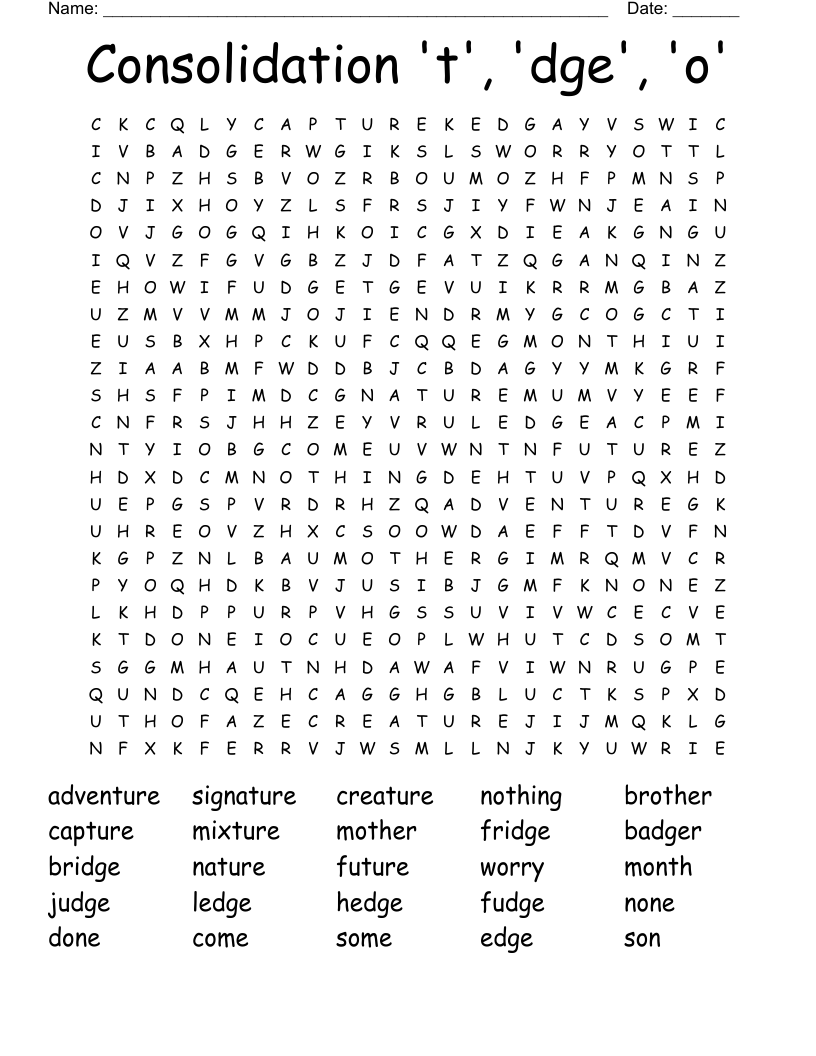 Consolidation 't', 'dge', 'o' Word Search