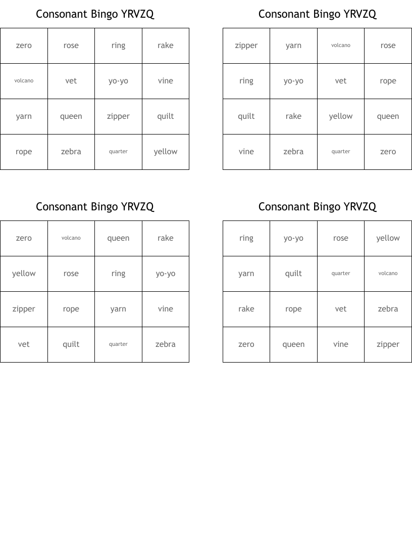 Consonant Bingo YRVZQ