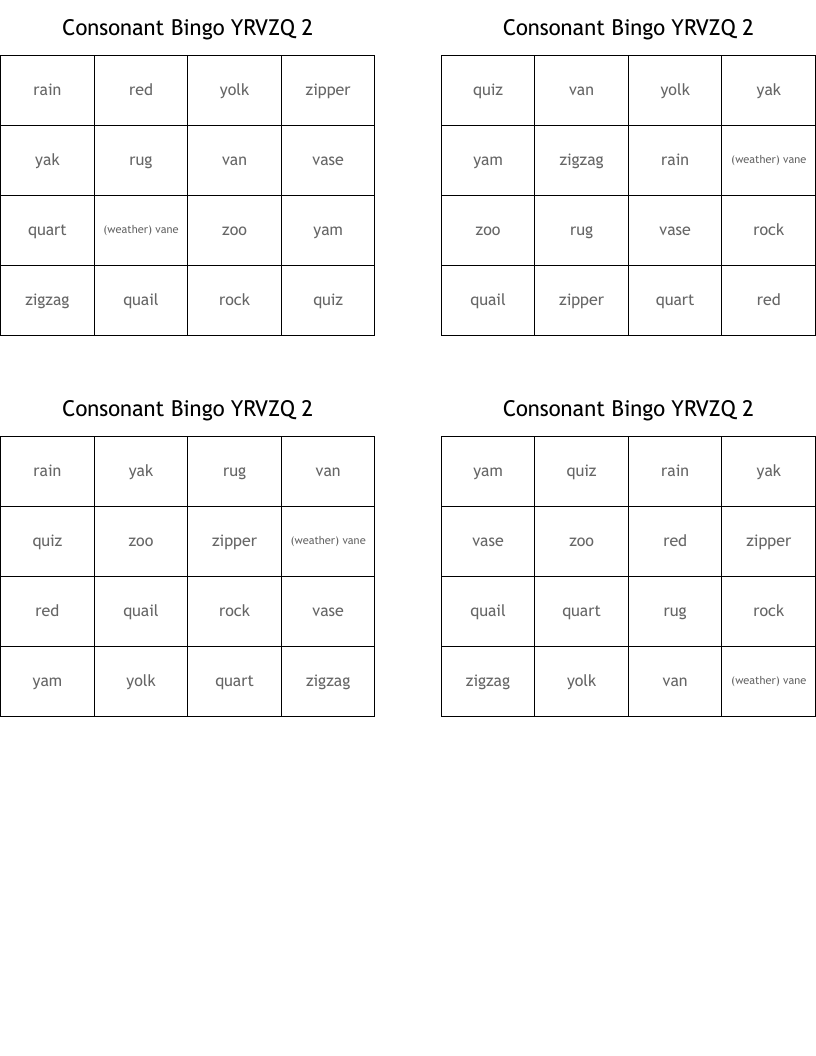 Consonant Bingo YRVZQ 2