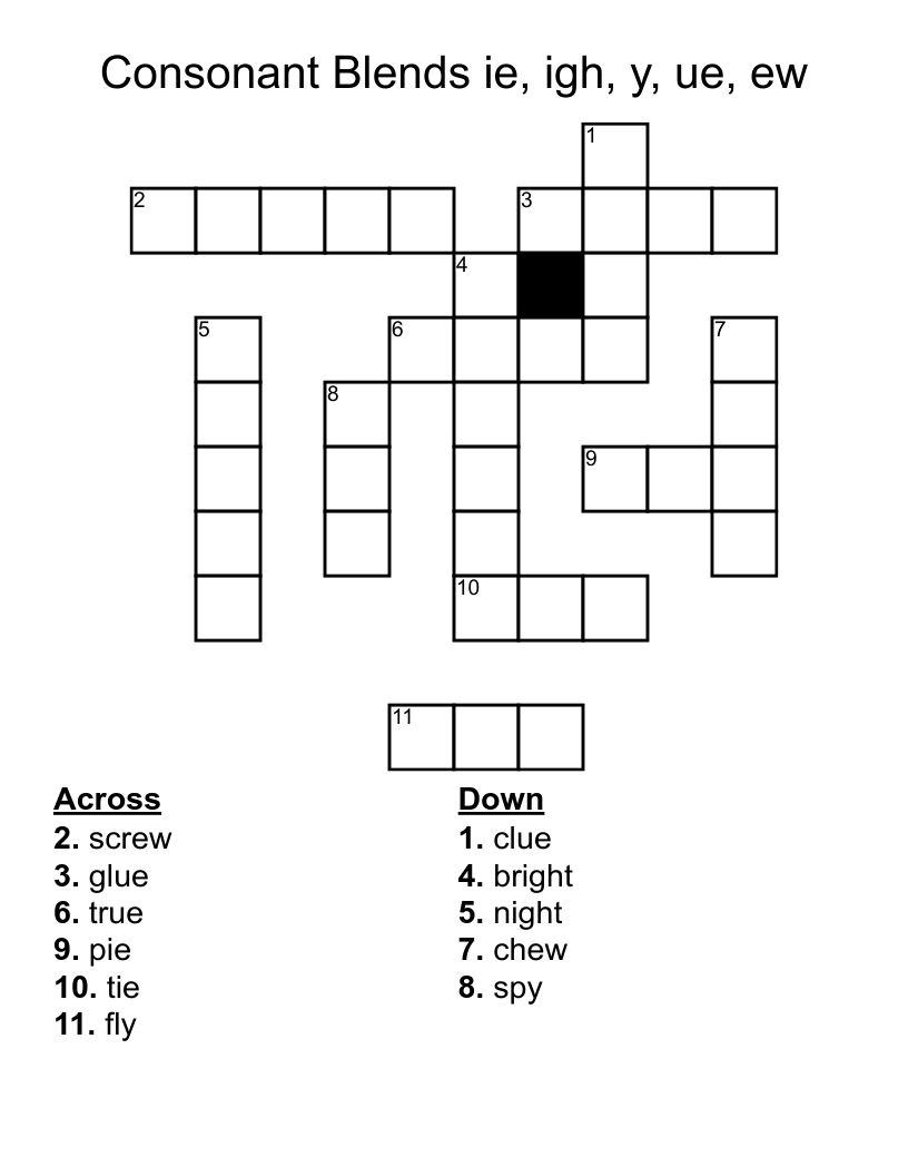 Consonant Blends ie, igh, y, ue, ew  Crossword
