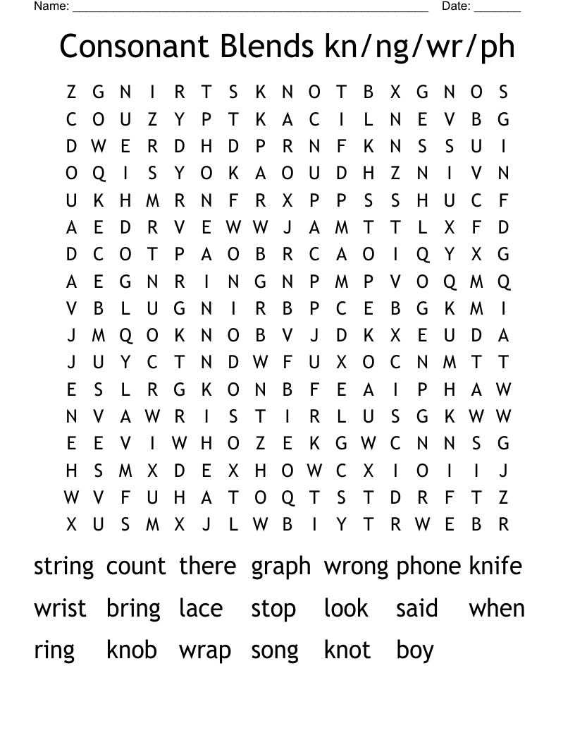 Consonant Blends kn/ng/wr/ph Word Search