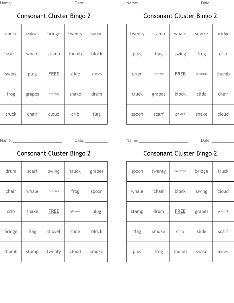 Consonant Cluster Bingo 2