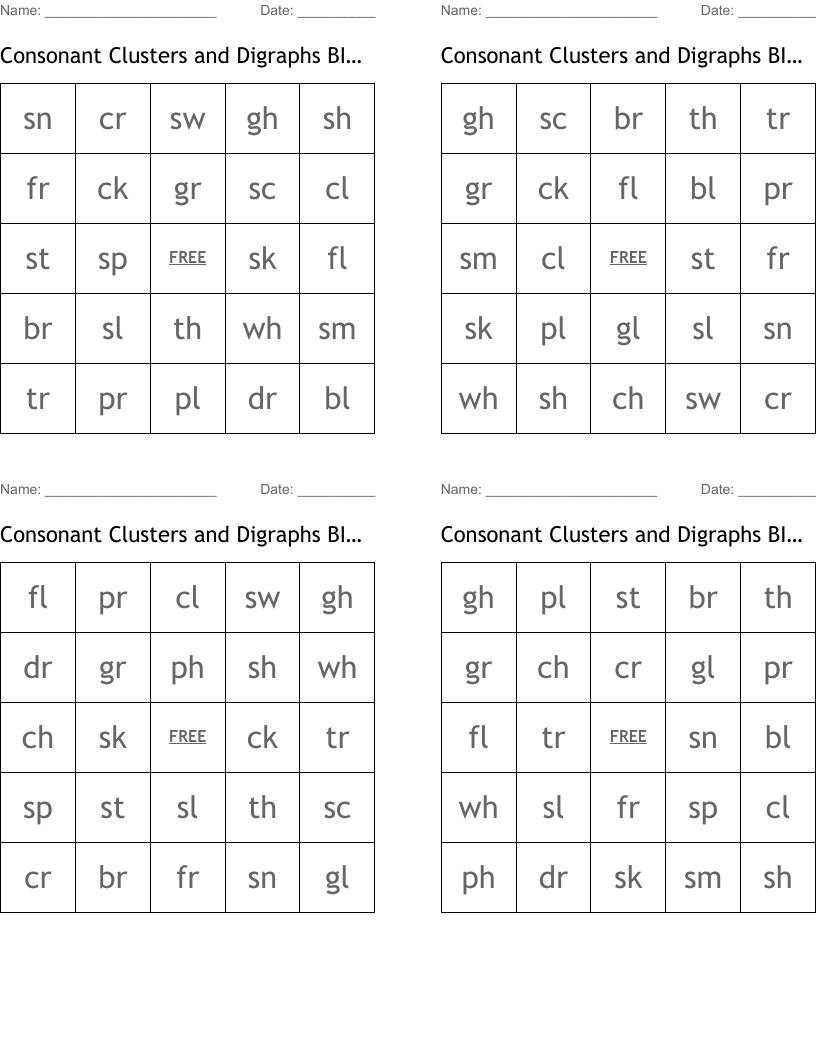 Consonant Clusters and Digraphs BINGO