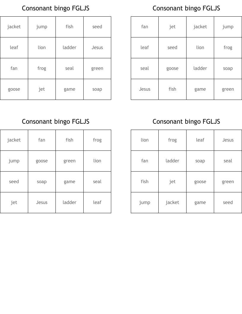 Consonant bingo FGLJS