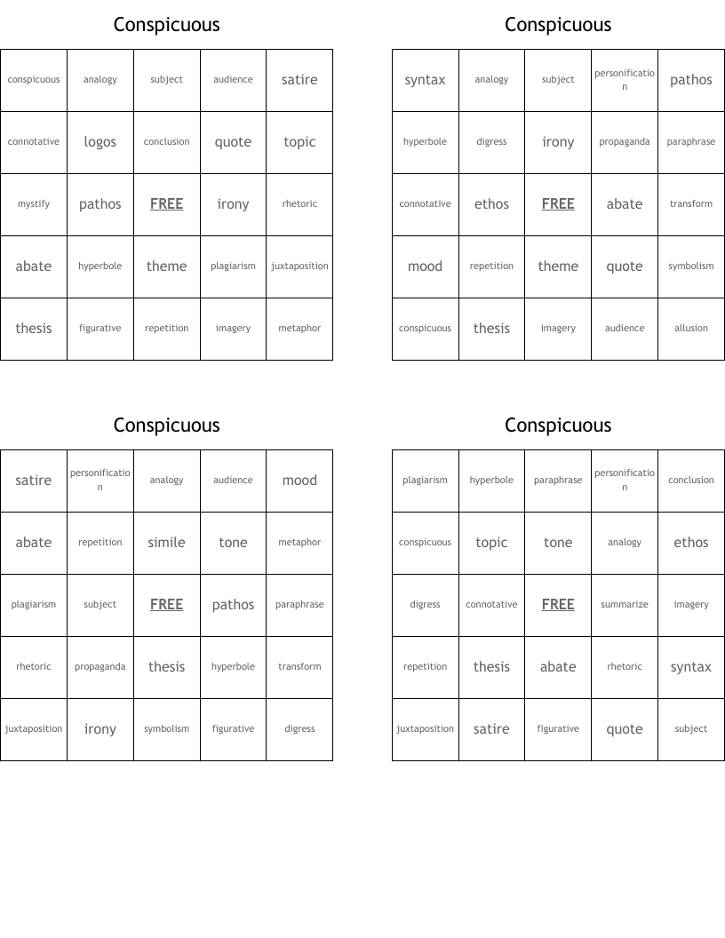 Conspicuous Bingo Cards