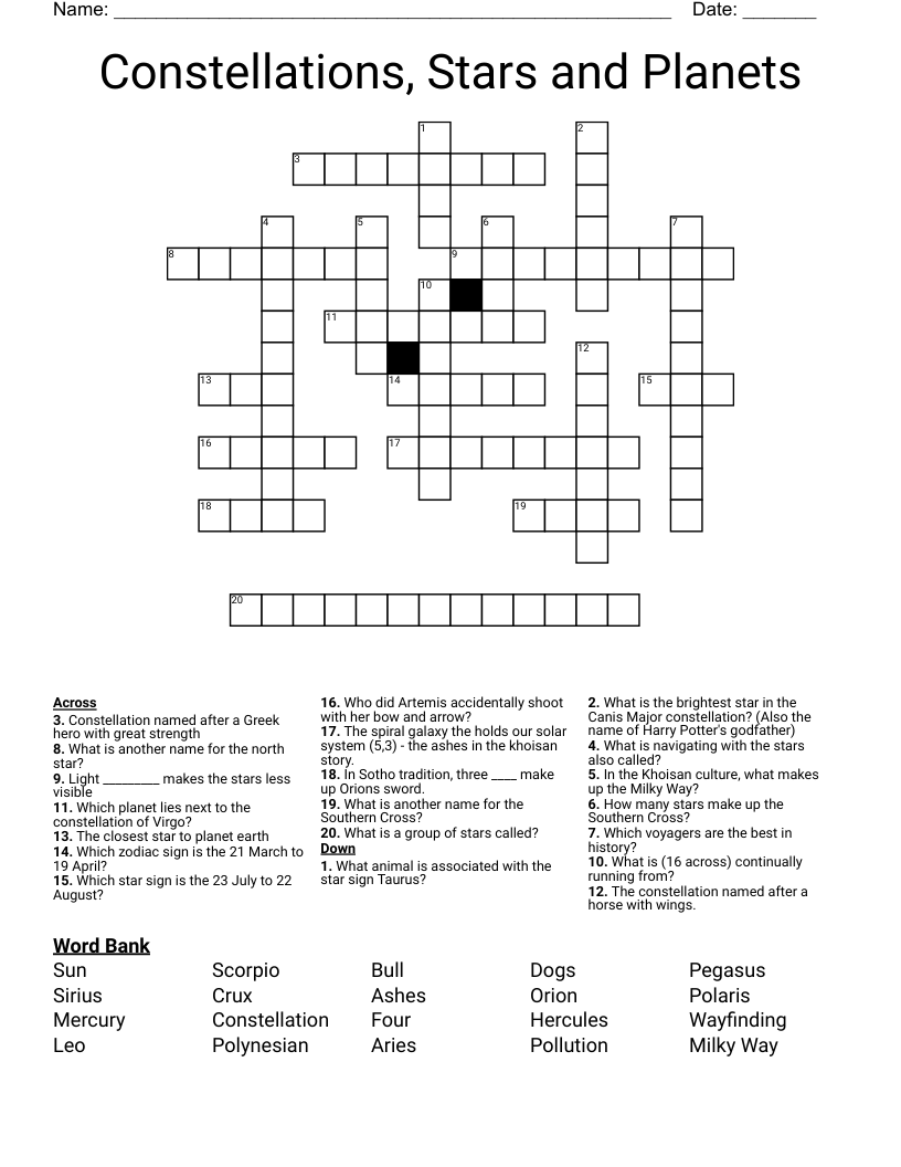Constellations, Stars and Planets  Crossword