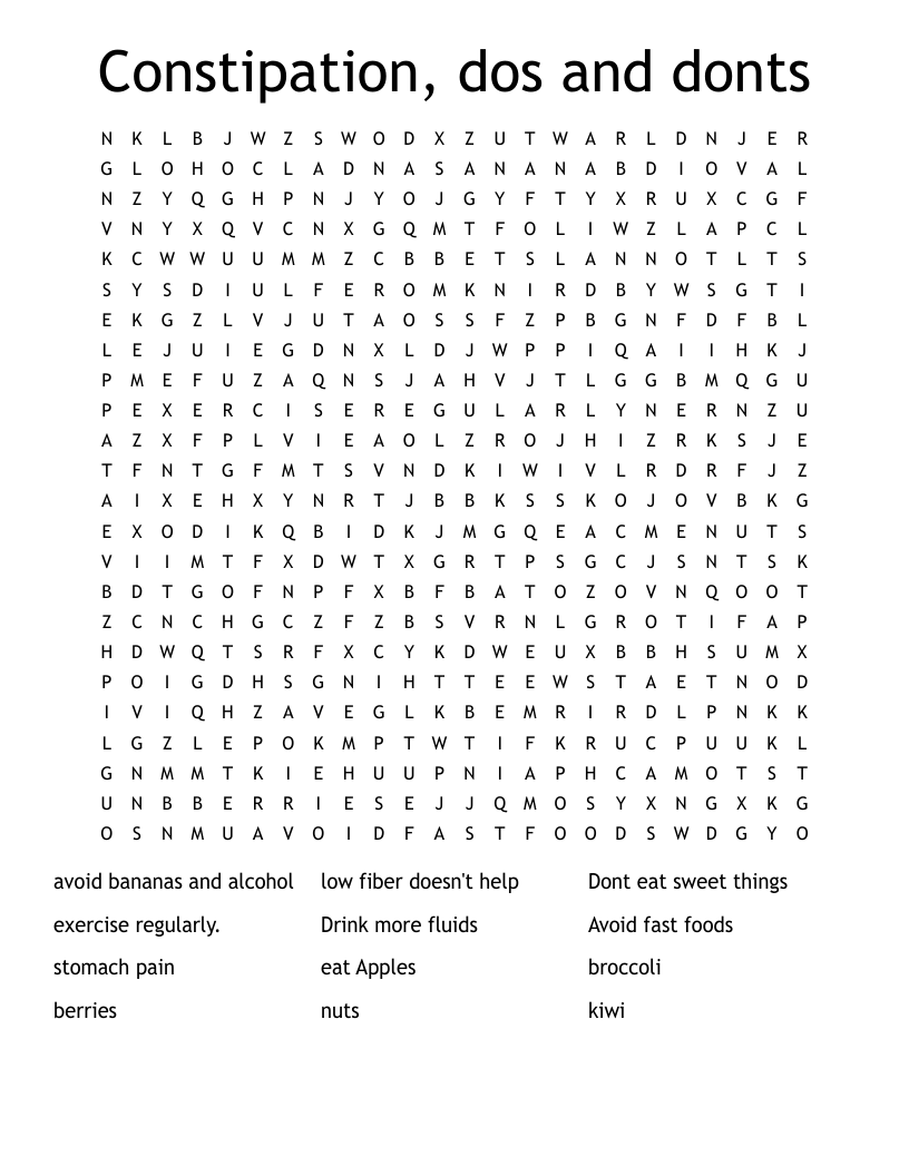 Constipation, dos and donts Word Search