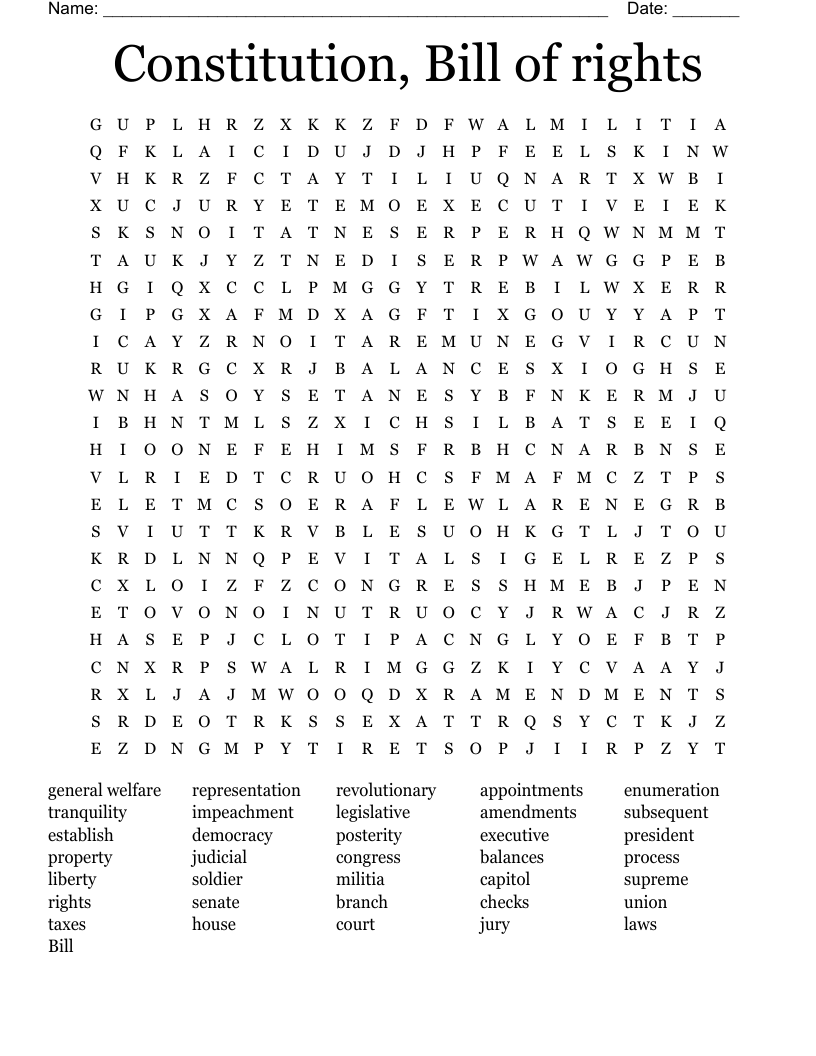Constitution, Bill of rights  Word Search