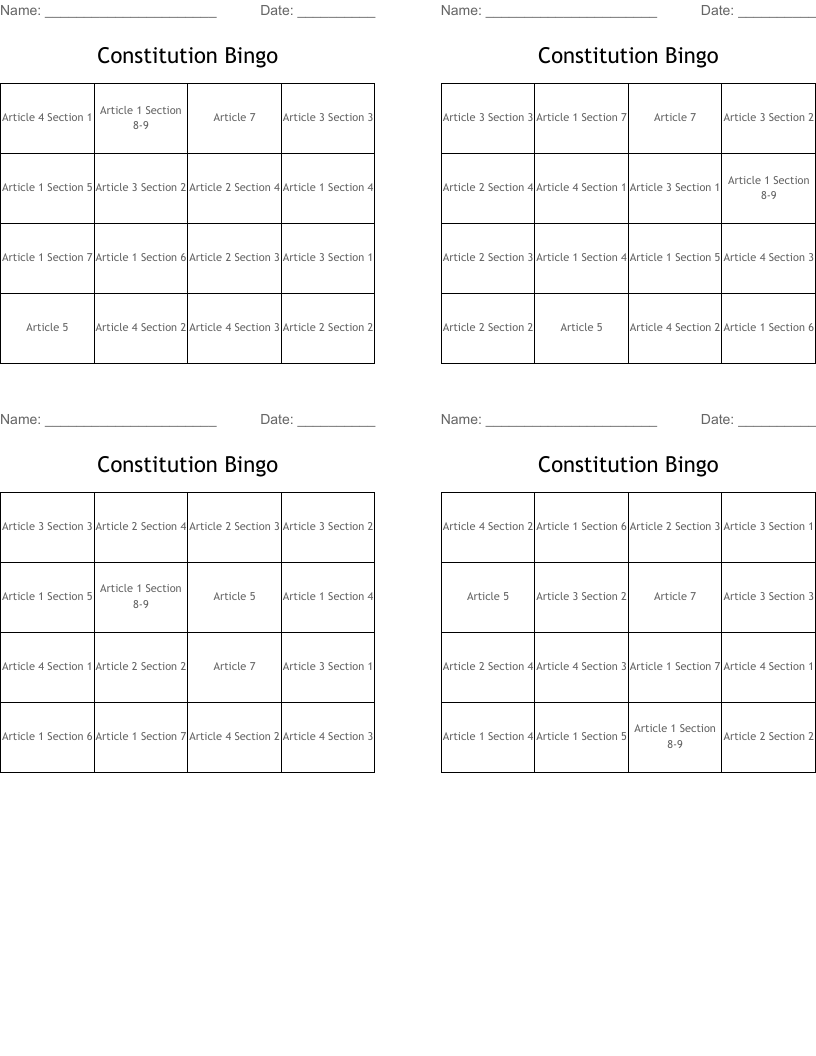 Constitution Bingo 