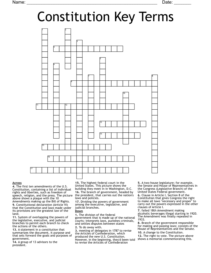 Constitution Key Terms  Crossword