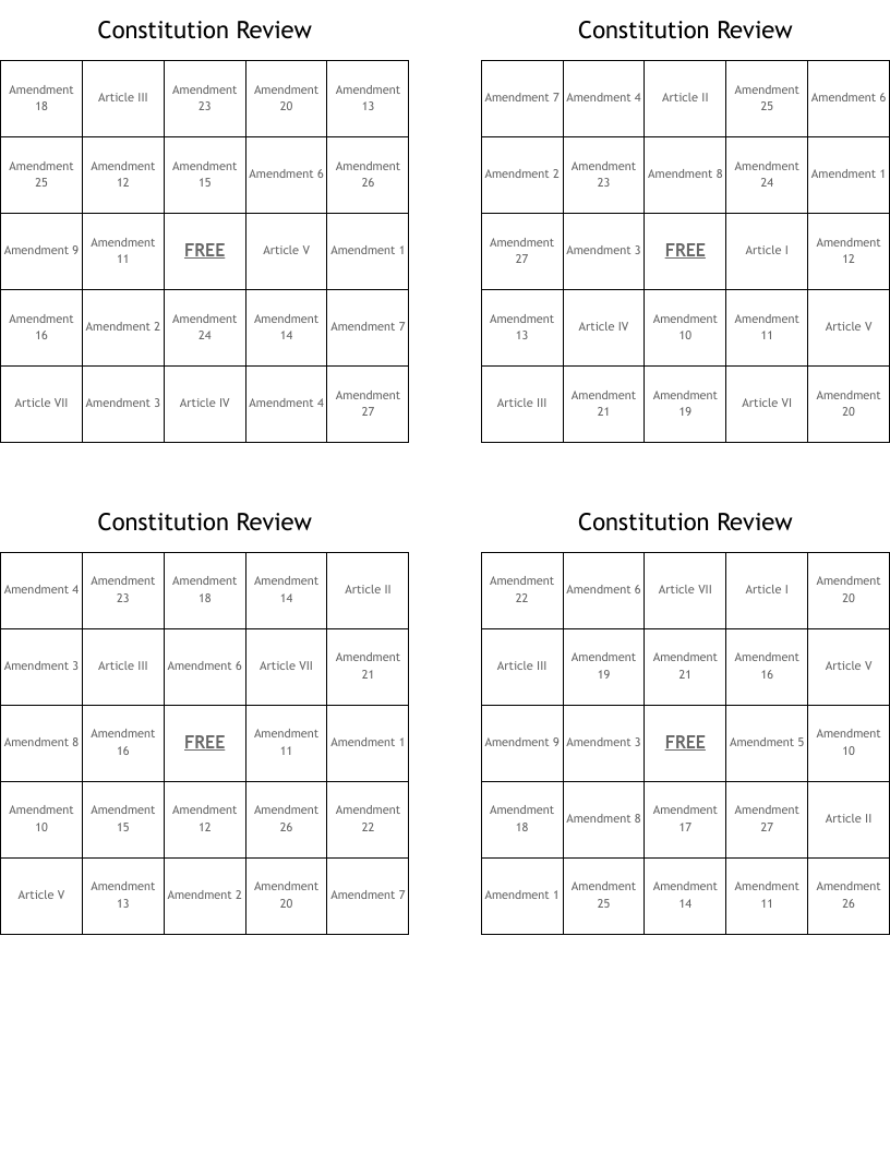 Constitution Review Bingo Cards