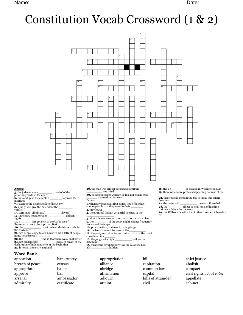 Constitution Vocab Crossword (1 & 2)