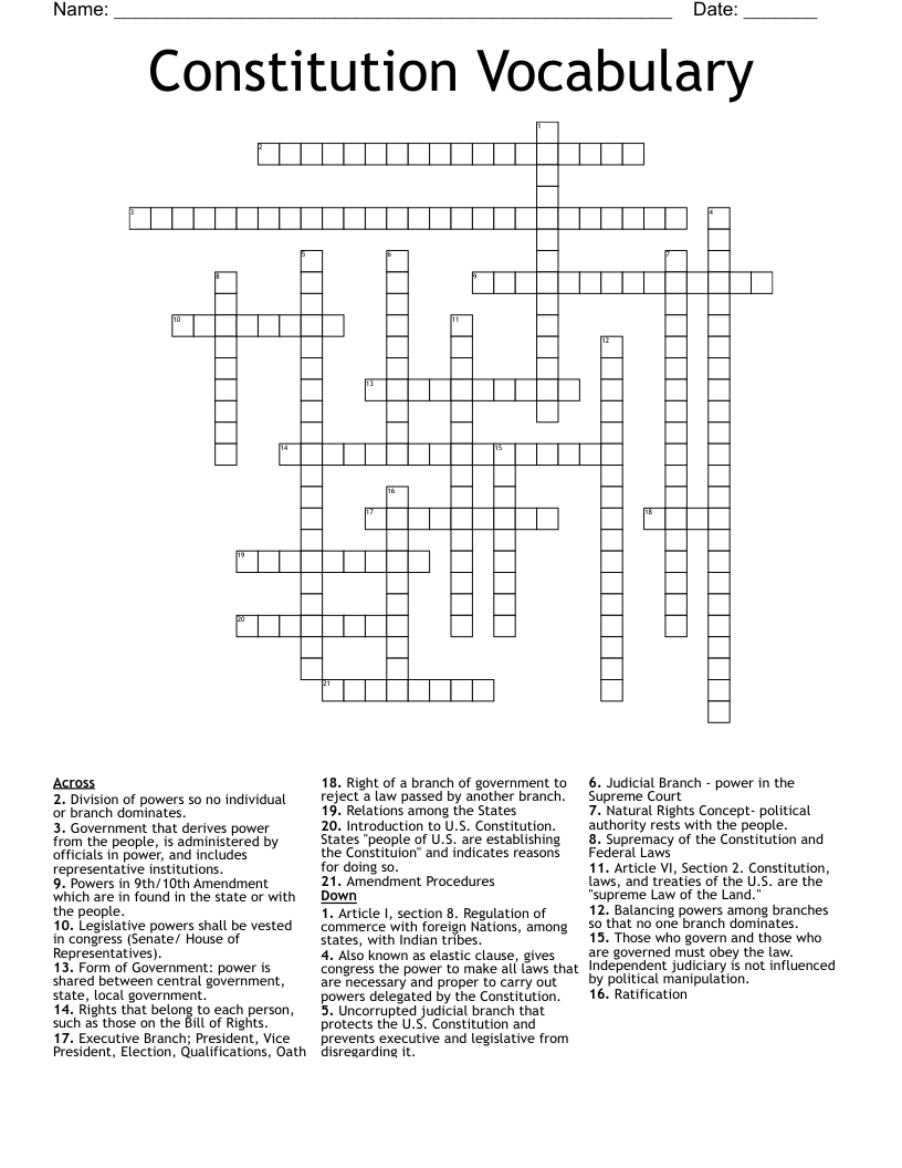 Constitution Vocabulary Crossword