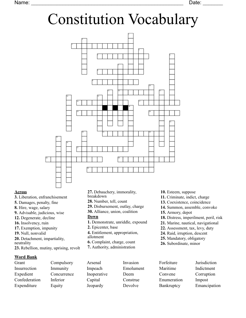 Constitution Vocabulary Crossword