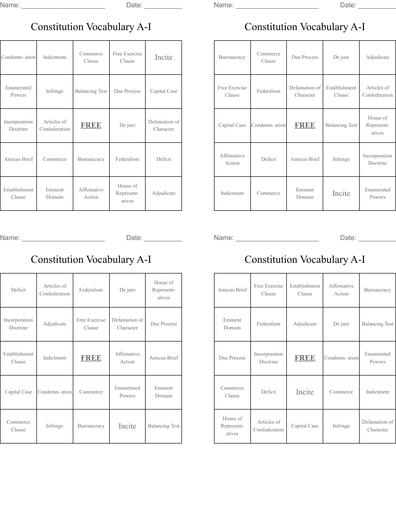 Constitution Vocabulary A-I Bingo Cards