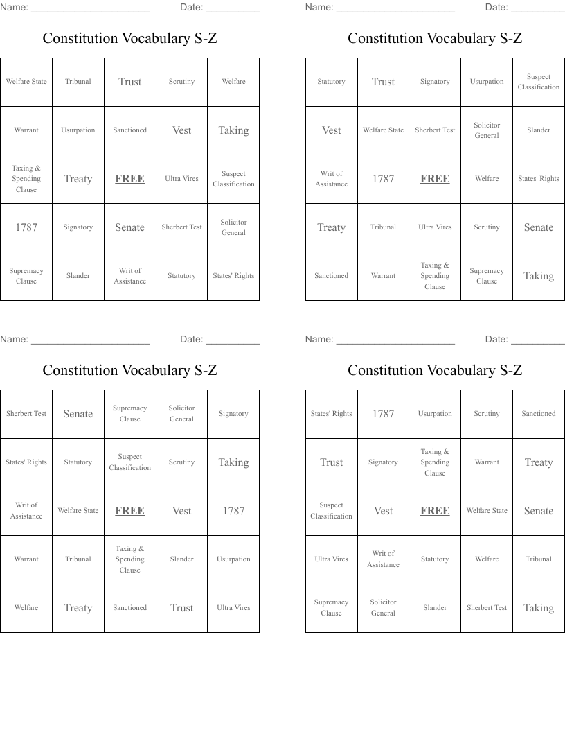 Constitution Vocabulary S-Z Bingo Cards