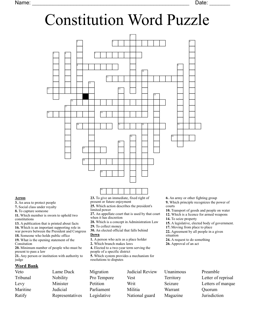 Constitution Word Puzzle Crossword