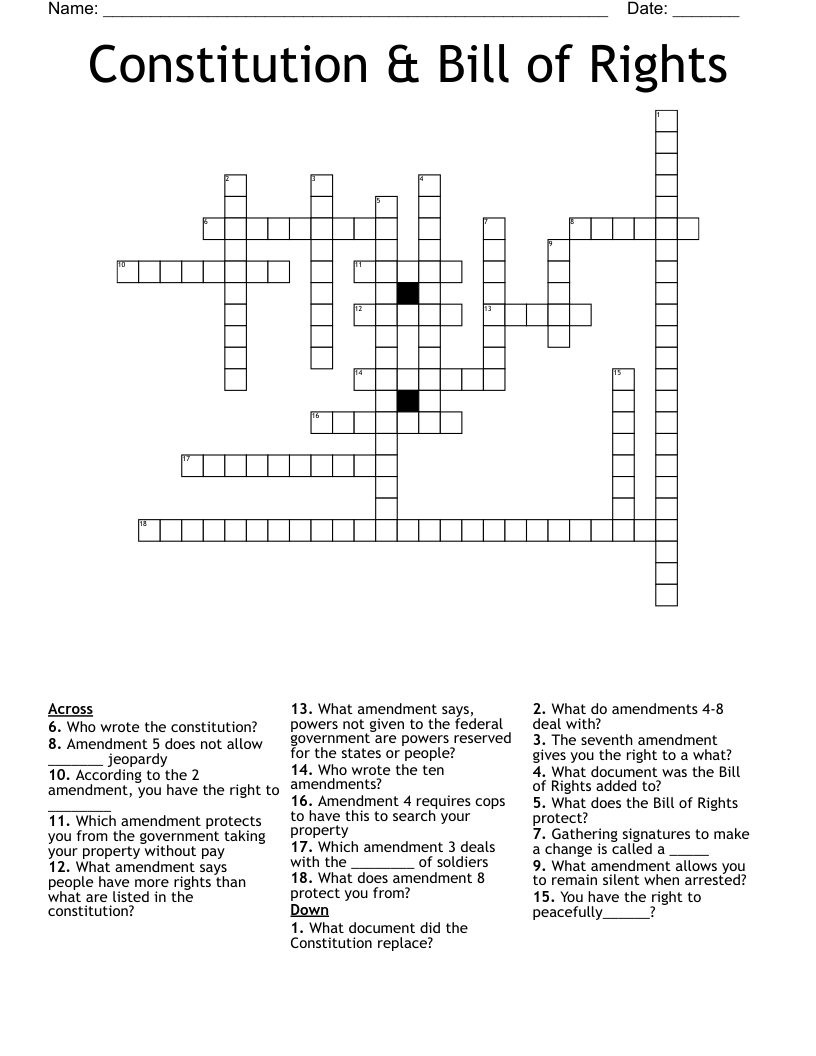 Constitution & Bill of Rights Crossword
