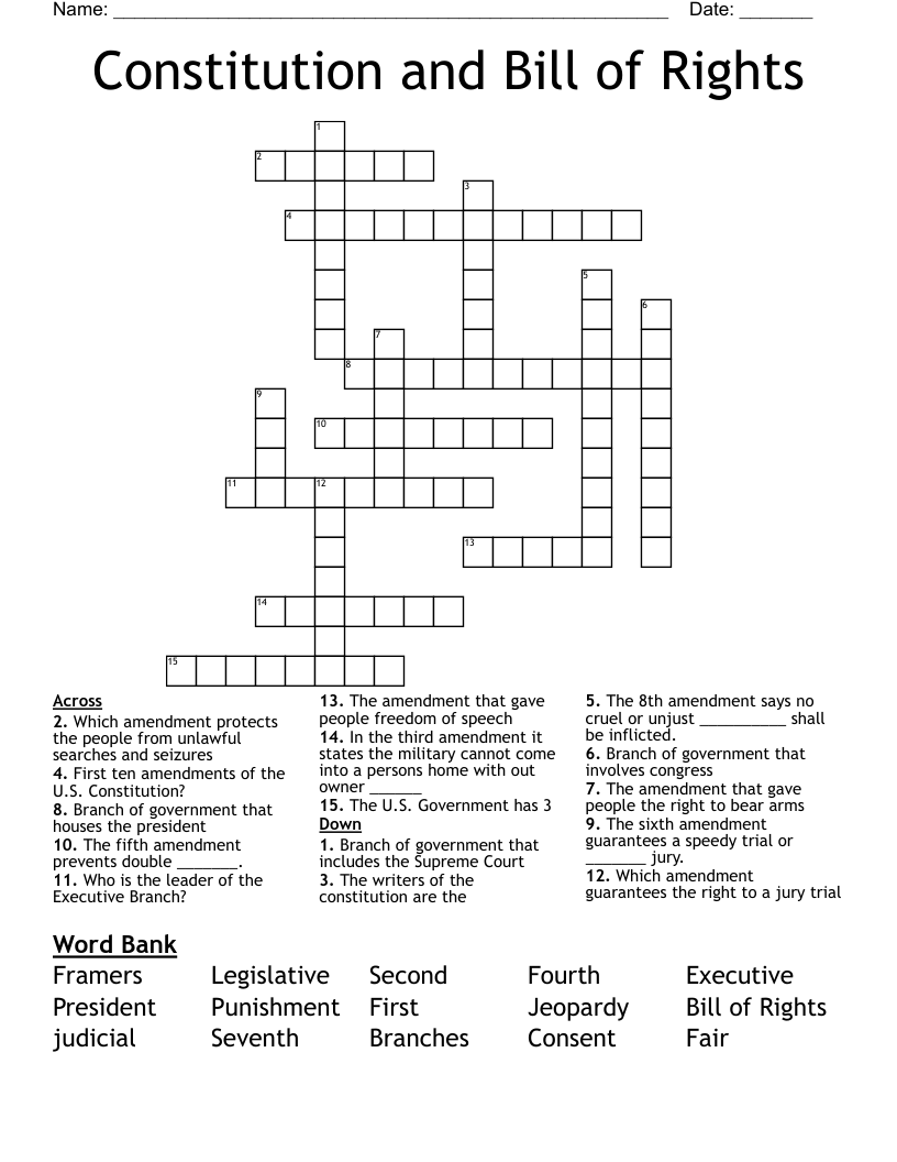 Constitution and Bill of Rights Crossword