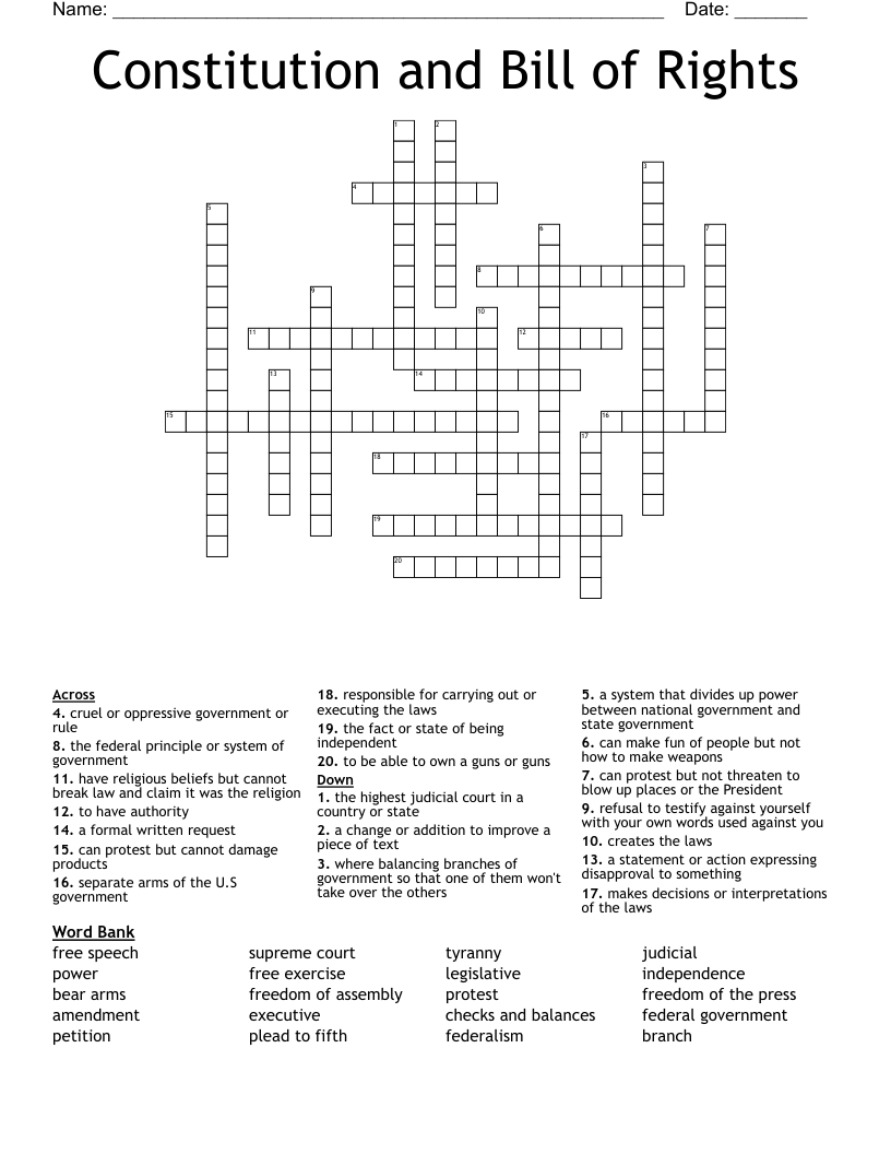 Constitution and Bill of Rights Crossword