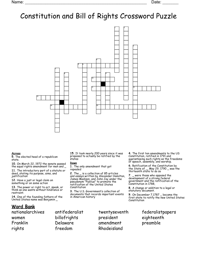 Constitution and Bill of Rights Crossword Puzzle
