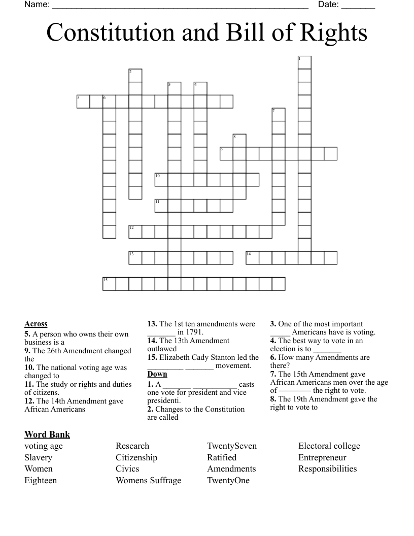 Constitution and Bill of Rights  Crossword