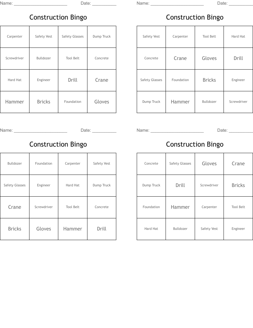 Construction Bingo