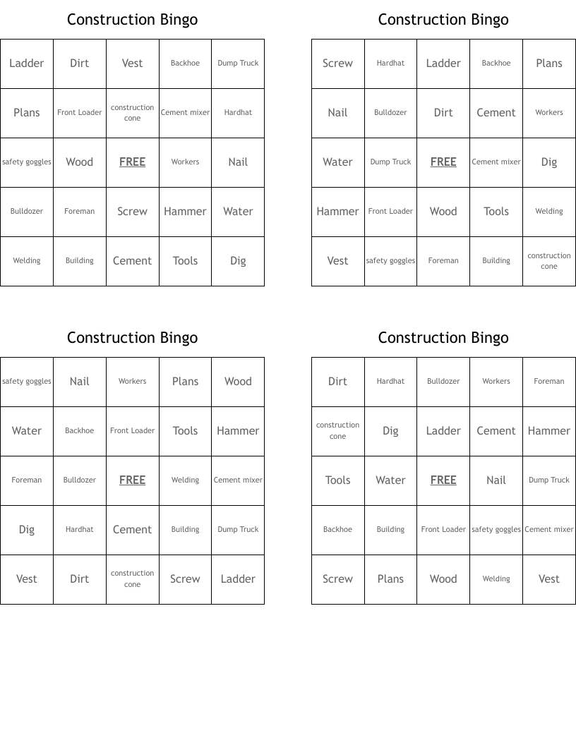 Construction Bingo