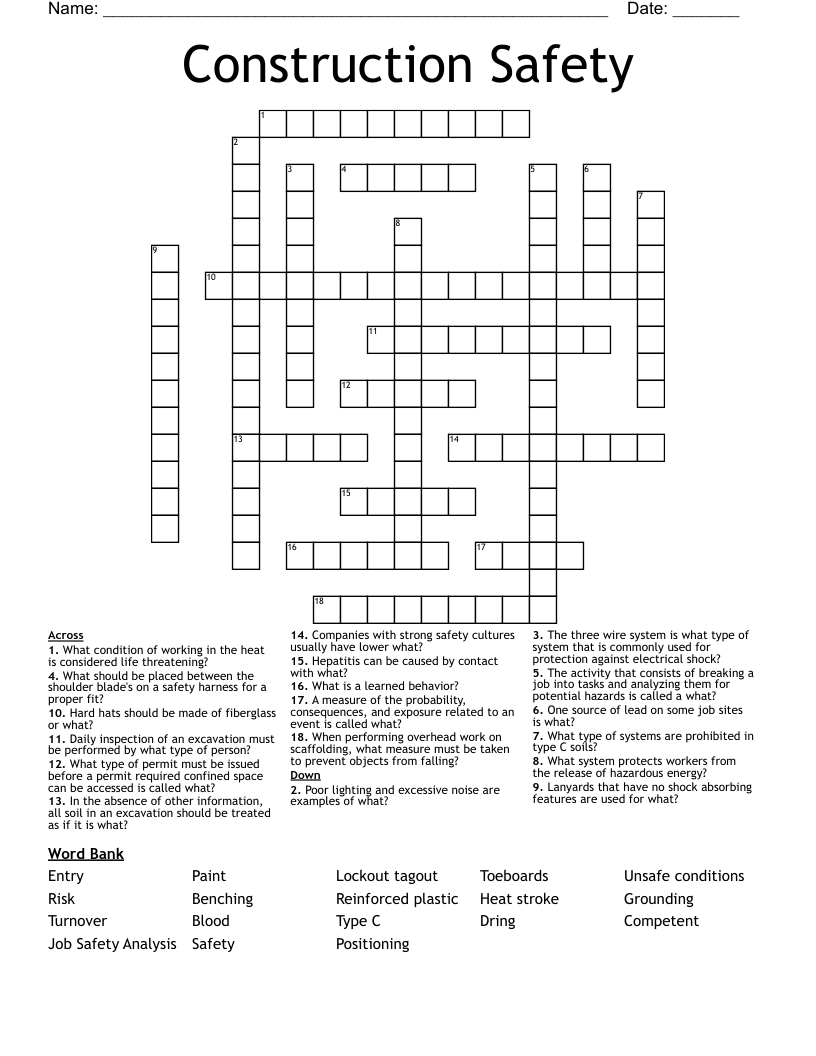 Construction Safety Crossword