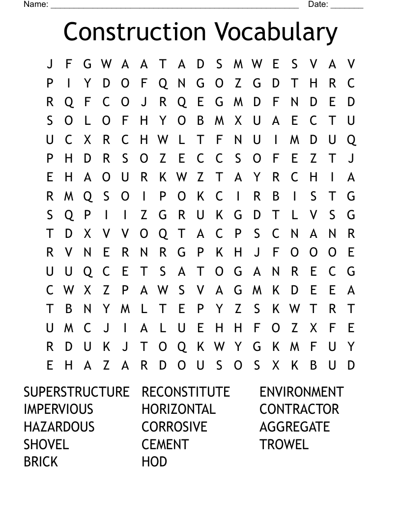 Construction Vocabulary  Word Search