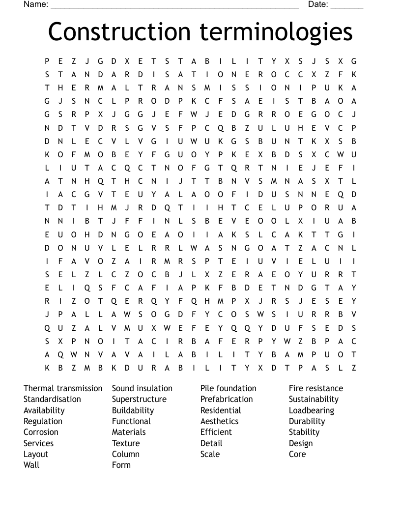 Construction terminologies Word Search