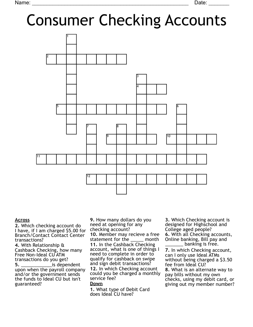 Consumer Checking Accounts Crossword