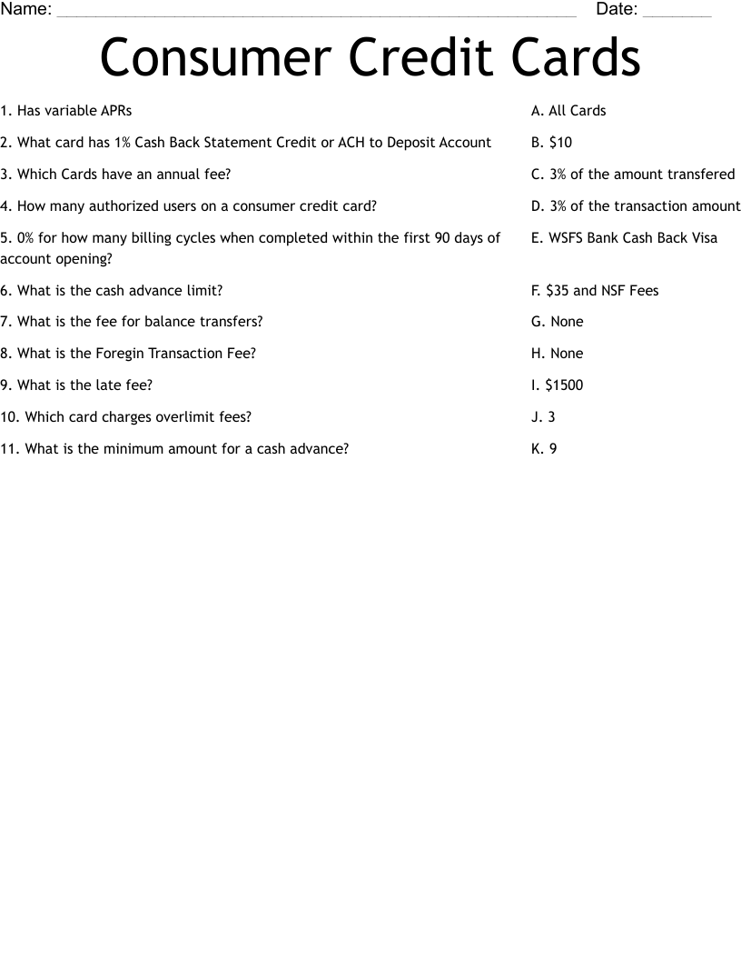 Consumer Credit Cards Worksheet