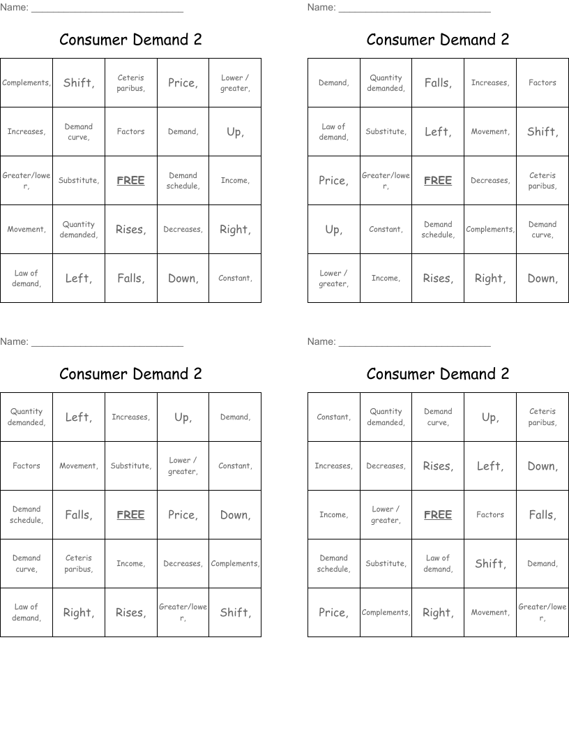 Consumer Demand 2 Bingo Cards
