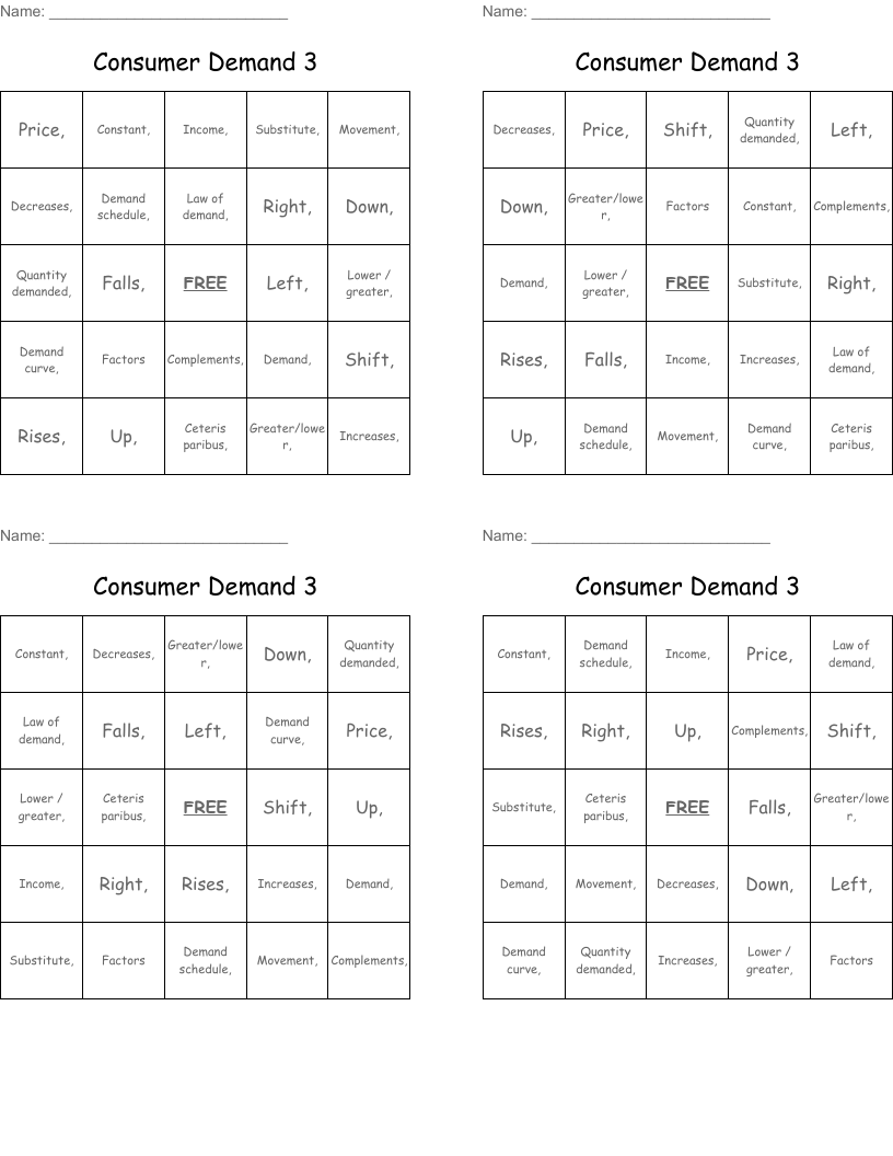 Consumer Demand 3 Bingo Cards