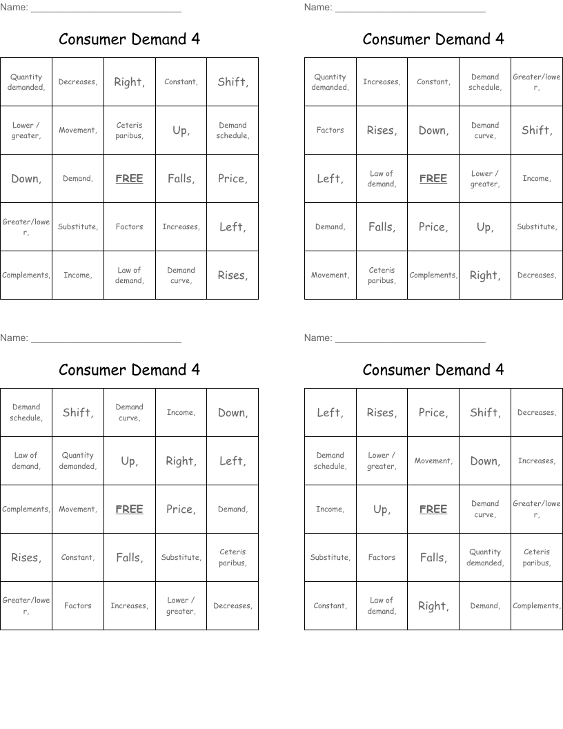Consumer Demand 4 Bingo Cards