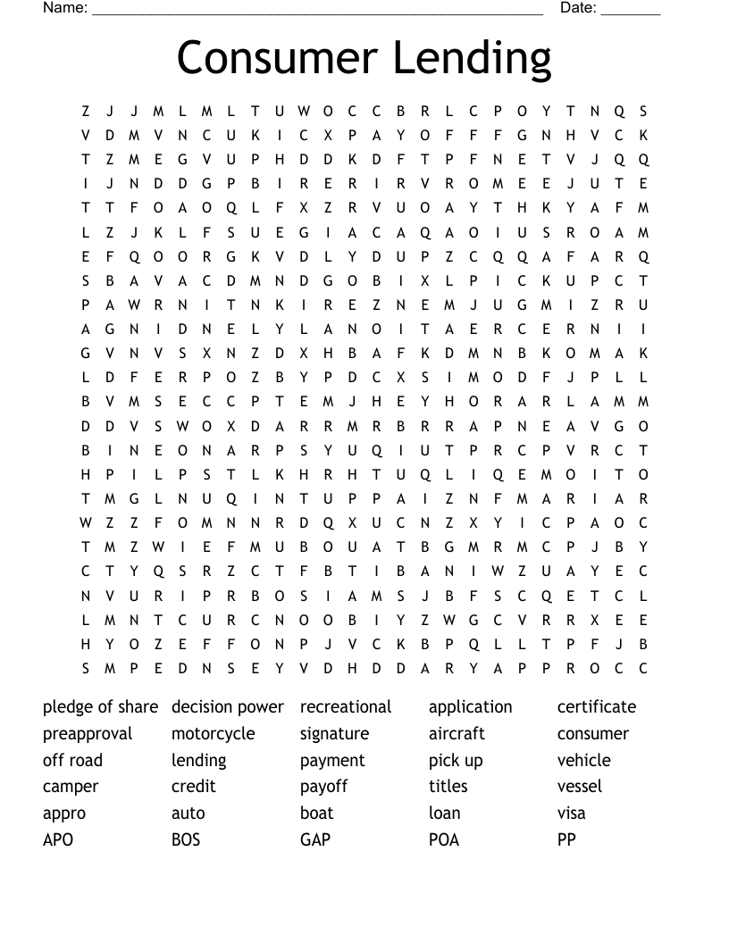 Consumer Lending Word Search