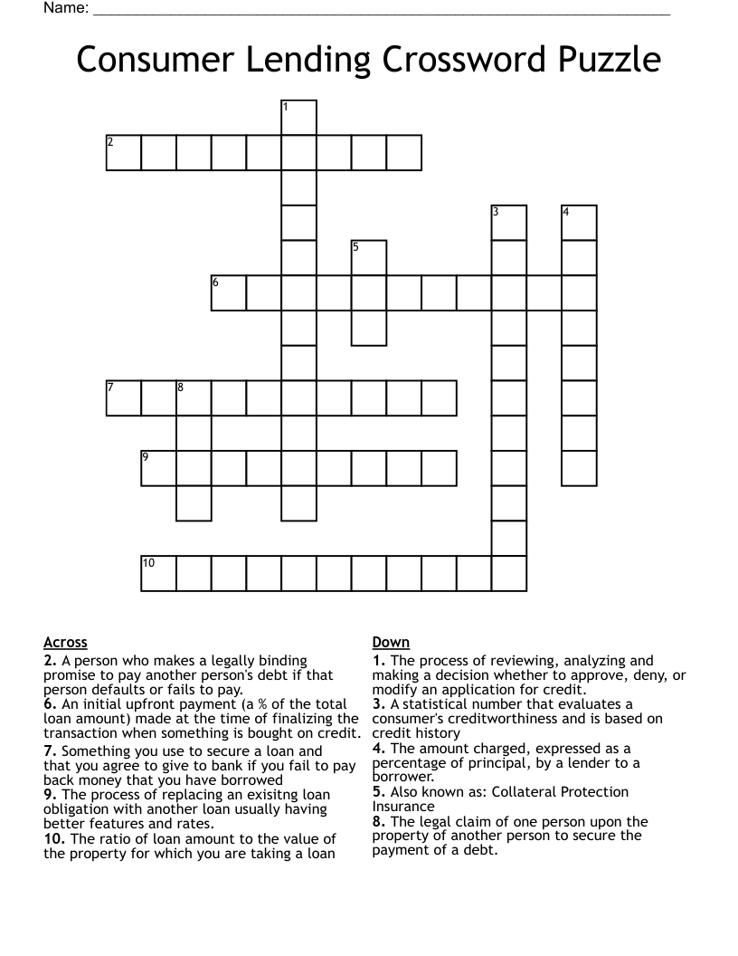 Consumer Lending Crossword Puzzle