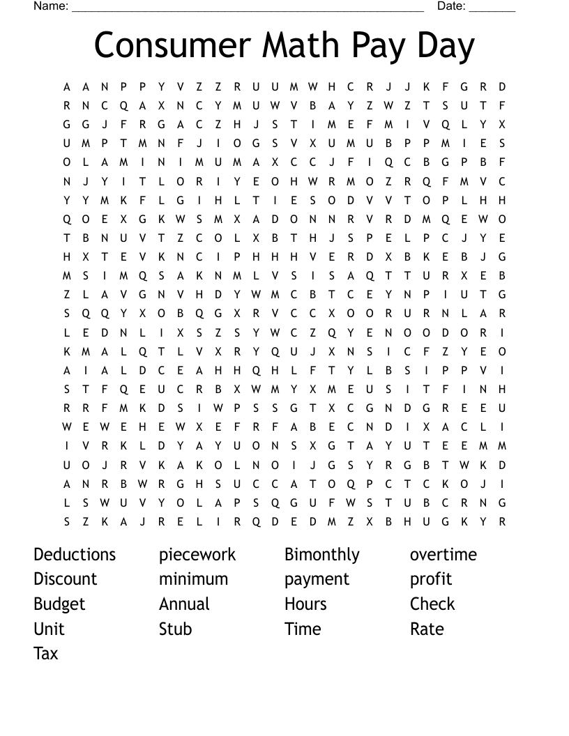 Consumer Math Pay Day Word Search