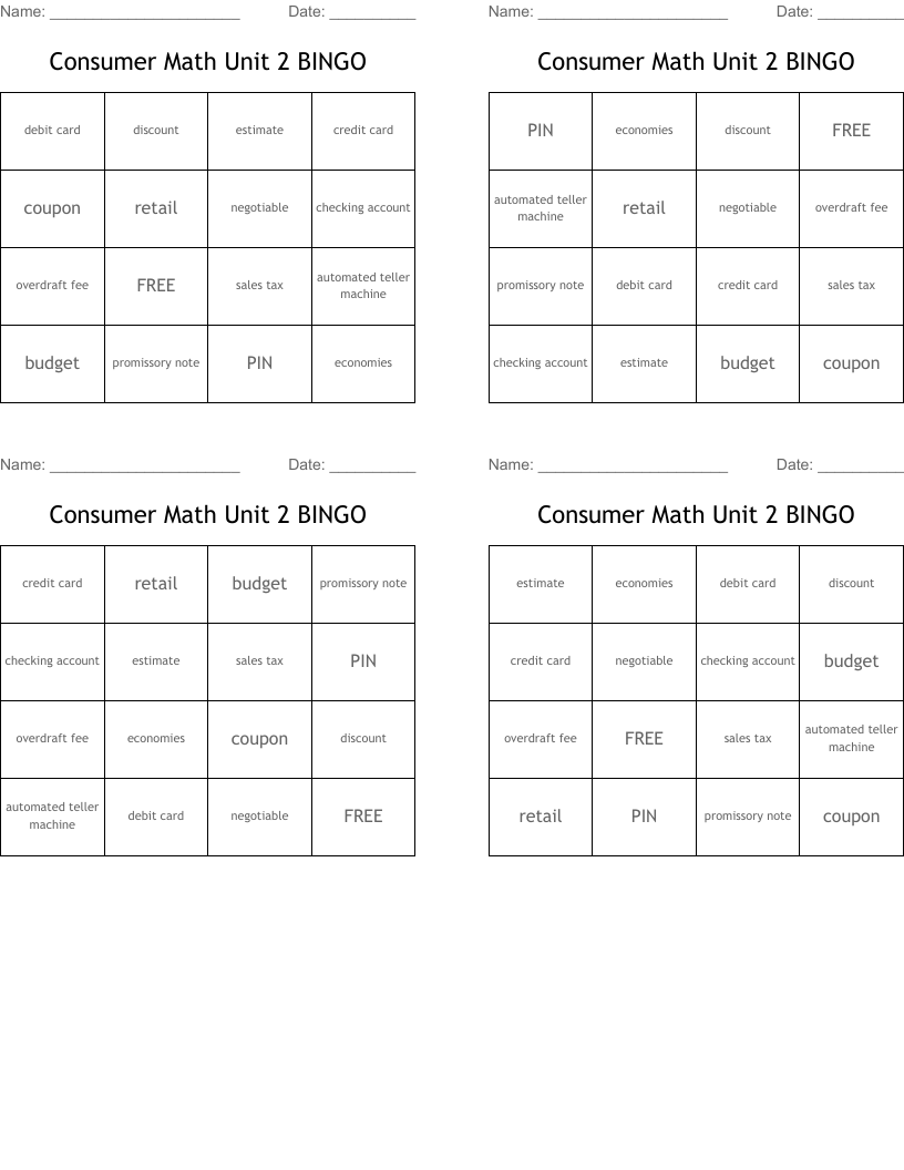Consumer Math Unit 2 BINGO