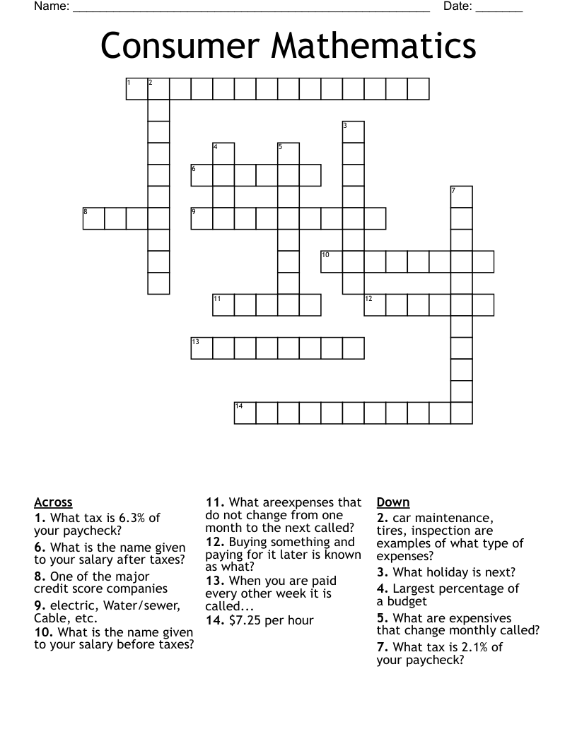Consumer Mathematics Crossword