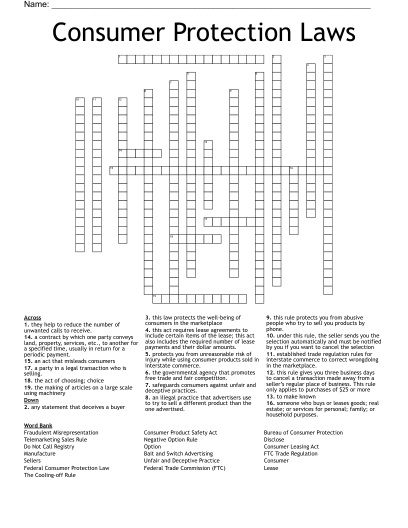 Consumer Protection Laws Crossword