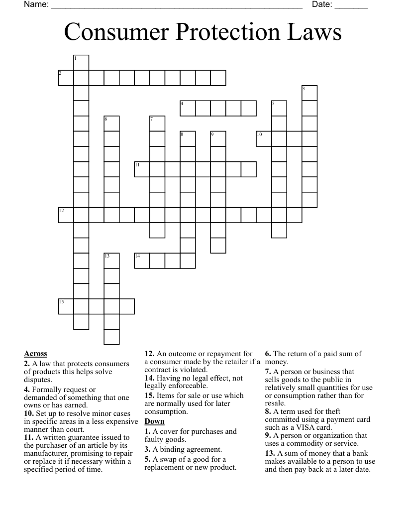 Consumer Protection Laws Crossword