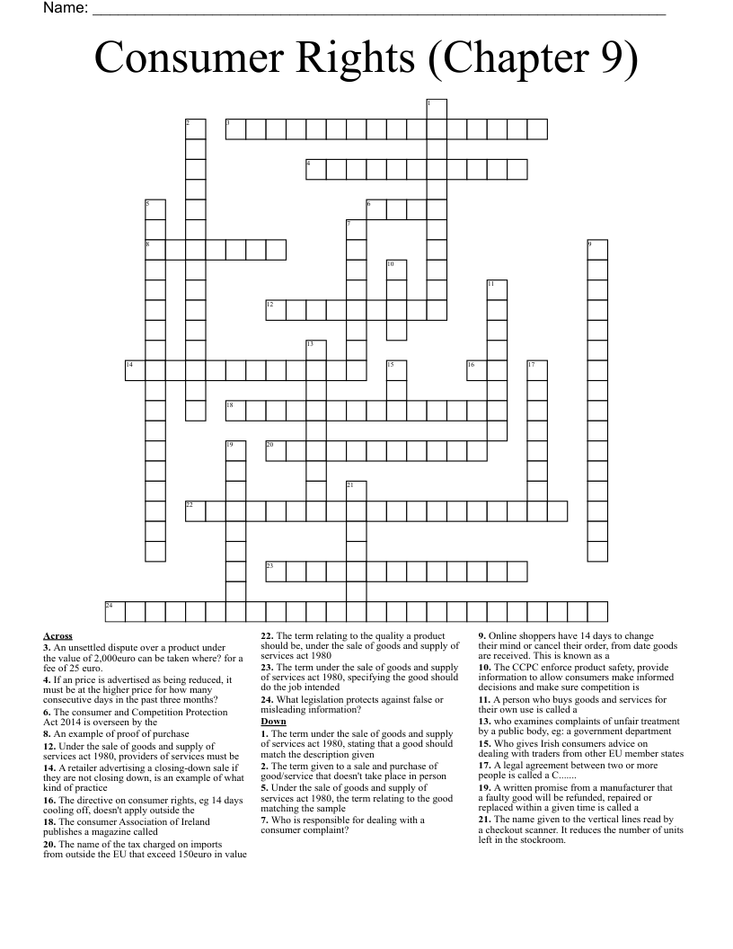 Consumer Rights (Chapter 9) Crossword