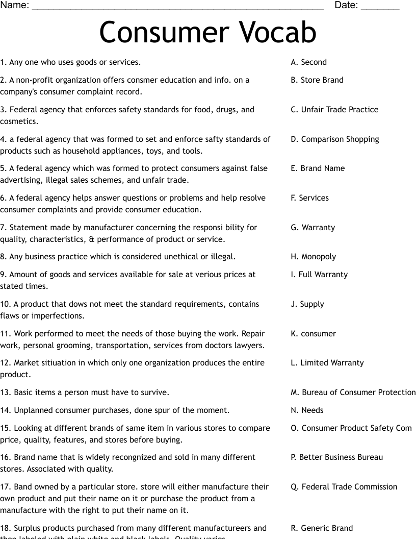 Consumer Vocab Worksheet