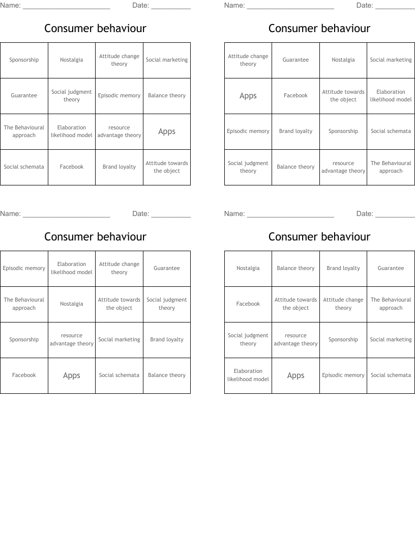 Consumer behaviour  Bingo Cards