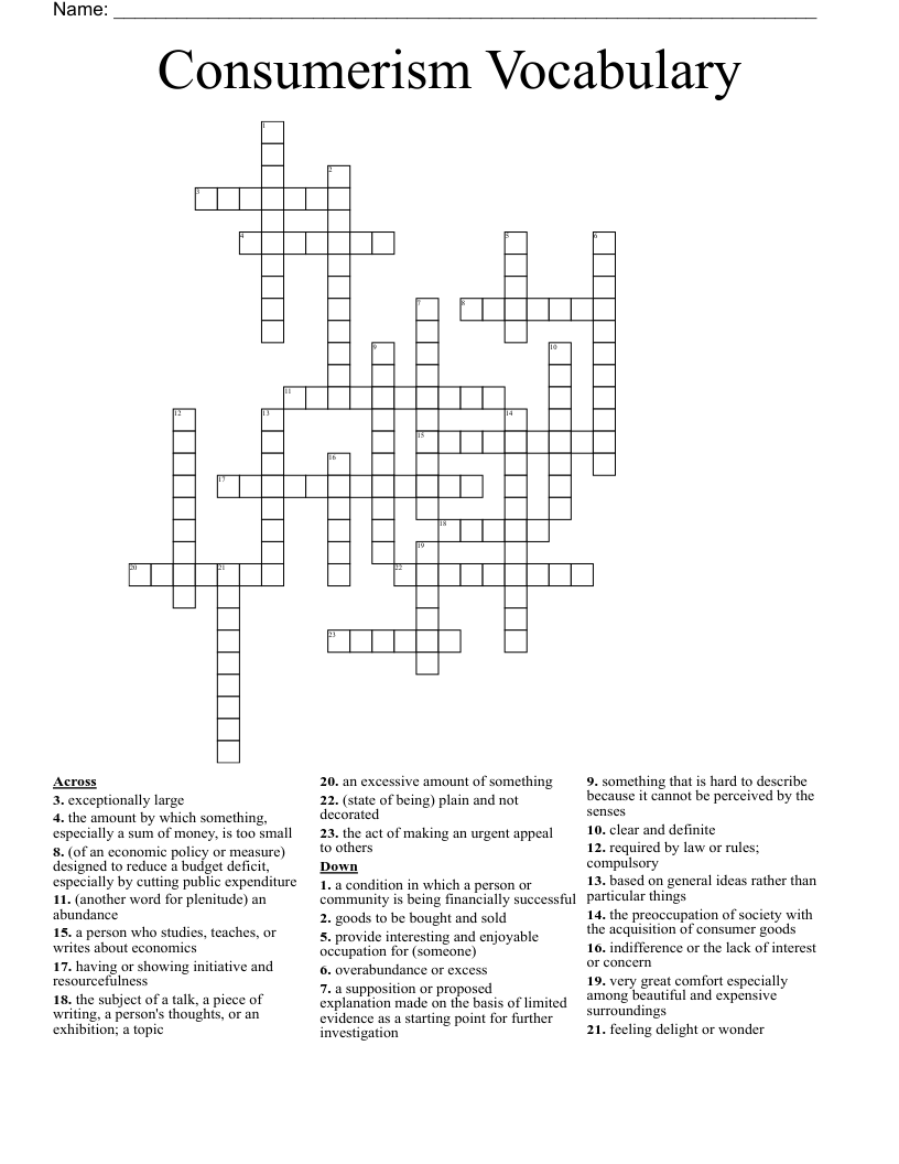 Consumerism Vocabulary Crossword