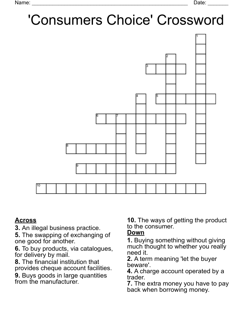'Consumers Choice' Crossword 